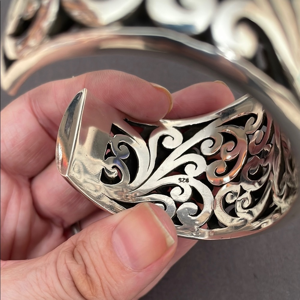 Auth Lois Hill Sterling Silver 925 Filagree Scroll Cage Wide Cuff Bracelet 185g - Picture 5 of 9